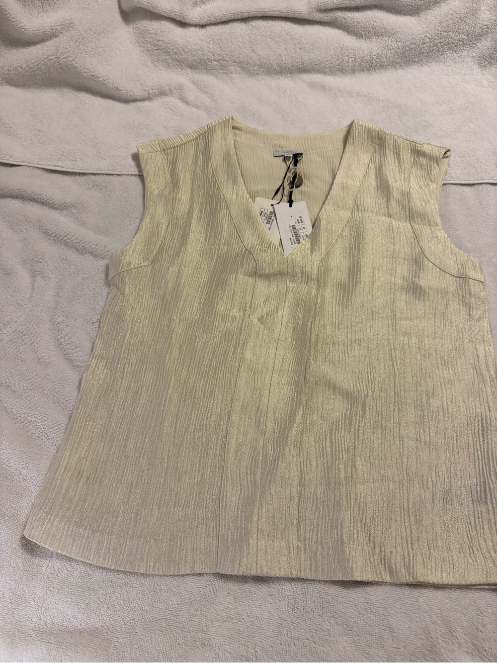 Iris & Ink Sleeveless V-Neck Metallic Cream Tank Top